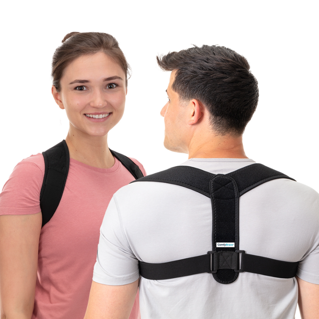 Person using ComfyBrace posture corrector at desk